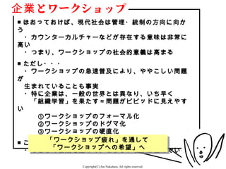 企業 とワークショップ
■ ほおっておけば、現代社会は管理・統制の方向に向か
う
　・カウンターカルチャーなどが存在する意味は非常に
高い
　・つまり、ワークショップの社会的意義は高まる
■ ただし・・・
　・ワークショップの急速普及により、ややこしい問題
が
　生まれていることも事実
　・特に企業は、一般の世界とは異なり、いち早く
　　「組織学習」を果たす＝問題がビビッドに見えやす
い
　　　①ワークショップのフォーマル化
　　　②ワークショップのドグマ化
　　　③ワークショップの硬直化
     「ワークショップ疲れ」を通して
      「ワークショップ疲れ」を通して
■ この事実をどう受け止めればいいのか？
      「ワークショップへの希望」へ
      「ワークショップへの希望」へ
　・もちろん自戒を込めて、どうしようかと悩んでいる

          Copyright(C) Jun Nakahara, All rights reserved.   7
 