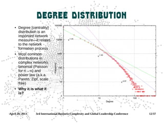 April 29, 2013 3rd International Business Complexity and Global Leadership Conference 12/37
Degree Distribution
 Degree [centrality]
distribution is an
important network
measure—it relates
to the network
formation process
 Most common
distributions in
complex networks:
binomial (Poisson
for n→∞) and
power law (a.k.a.
Pareto, Zipf, scale
free)
 Why it is what it
is?
 