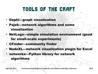 April 29, 2013 3rd International Business Complexity and Global Leadership Conference 30/37
Tools of the Craft
●
Gephi—graph visualization
●
Pajek—network algorithms and some
visualization
●
NetLogo—simple simulation environment (good
for small-scale experiments)
●
CFinder—community finder
●
NodeXL—network visualization plugin for Excel
●
networkx—Python library for network
algorithms
 
