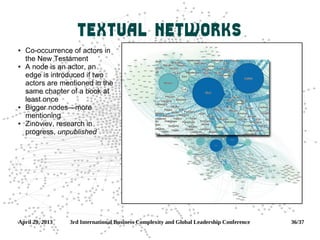 April 29, 2013 3rd International Business Complexity and Global Leadership Conference 36/37
Textual Networks
 Co-occurrence of actors in
the New Testament
 A node is an actor, an
edge is introduced if two
actors are mentioned in the
same chapter of a book at
least once
 Bigger nodes—more
mentioning
 Zinoviev, research in
progress, unpublished
 