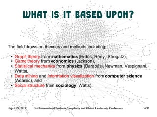 April 29, 2013 3rd International Business Complexity and Global Leadership Conference 4/37
What is it based upon?
The field draws on theories and methods including:
 Graph theory from mathematics (Erdős, Rényi, Strogatz),
 Game theory from economics (Jackson),
 Statistical mechanics from physics (Barabási, Newman, Vespignani,
Watts),
 Data mining and information visualization from computer science
(Adamic), and
 Social structure from sociology (Watts).
 