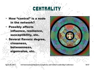 April 29, 2013 3rd International Business Complexity and Global Leadership Conference 10/37
Centrality
●
How “central” is ...