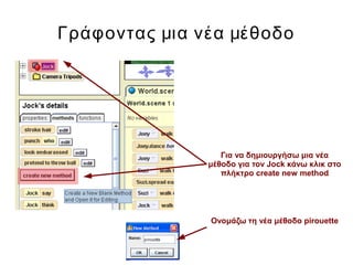 Γράφοντας μια νέα μέθοδο
Για να δημιουργήσω μια νέα
μέθοδο για τον Jock κάνω κλικ στο
πλήκτρο create new method
Ονομάζω τη νέα μέθοδο pirouette
 