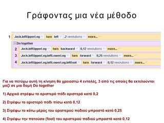 Γράφοντας μια νέα μέθοδο
Για να πετύχω αυτή τη κίνηση θα χρειαστώ 4 εντολές, 3 από τις οποίες θα εκτελούνται
μαζί σε μια δομή Do together
1) Αρχικά στρέφω το αριστερό πόδι αριστερά κατά 0,2
2) Στρέφω το αριστερό πόδι πίσω κατά 0,12
3) Στρέφω το κάτω μέρος του αριστερού ποδιού μπροστά κατά 0,25
4) Στρέφω την πατούσα (foot) του αριστερού ποδιού μπροστά κατά 0,12
1
2
3
4
 