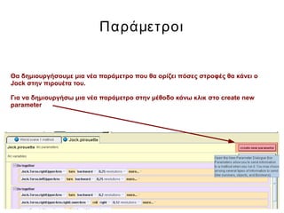 Παράμετροι
Θα δημιουργήσουμε μια νέα παράμετρο που θα ορίζει πόσες στροφές θα κάνει ο
Jock στην πιρουέτα του.
Για να δημιουργήσω μια νέα παράμετρο στην μέθοδο κάνω κλικ στο create new
parameter
 