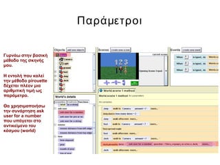 Παράμετροι
Γυρνάω στην βασική
μέθοδο της σκηνής
μου.
Η εντολή που καλεί
την μέθοδο pirouette
δέχεται πλέον μια
αριθμιτική τιμή ως
παράμετρο.
Θα χρησιμοποιήσω
την συνάρτηση ask
user for a number
που υπάγεται στο
αντικείμενο του
κόσμου (world)
 