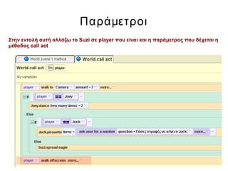 Παράμετροι
Στην εντολή αυτή αλλάζω το Suzi σε player που είναι και η παράμετρος που δέχεται η
μέθοδος call act
 