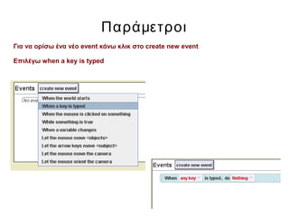 Παράμετροι
Για να ορίσω ένα νέο event κάνω κλικ στο create new event
Επιλέγω when a key is typed
 