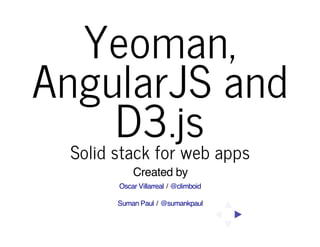 Yeoman,
AngularJS and
D3.js
Solid stack for web apps
Created by
Oscar Villarreal / @climboid
Suman Paul / @sumankpaul

 