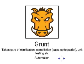 Grunt
Takes care of minification, compilation (sass, coffeescript), unit
testing etc
Automation

 