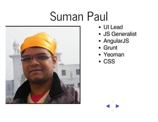 Suman Paul
UI Lead
JS Generalist
AngularJS
Grunt
Yeoman
CSS

 