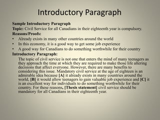 Introductory Paragraph
Sample Introductory Paragraph
Topic: Civil Service for all Canadians in their eighteenth year is compulsory.
Reasons/Proofs:
• Already exists in many other countries around the world
• In this economy, it is a good way to get some job experience
• A good way for Canadians to do something worthwhile for their country
Introductory Paragraph:
The topic of civil service is not one that enters the mind of many teenagers as
they approach the time at which they are required to make those life altering
decisions that affect everyone. However, there are many benefits to
considering this issue. Mandatory civil service at the age of eighteen is an
admirable idea because [A] it already exists in many countries around the
world, [B] it would allow teenagers to gain valuable job experience and [C] it
is an excellent way for individuals to do something worthwhile for their
country. For these reasons, [Thesis statement] civil service should be
mandatory for all Canadians in their eighteenth year.
 