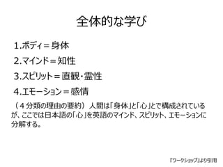 全体的な学び 
1.ボディ＝身体 
2.マインド＝知性 
3.スピリット＝直観・霊性 
4.エモーション＝感情 
（４分類の理由の要約）人間は「身体」と「心」とで構成されている 
が、ここでは日本語の「心」を英語のマインド、スピリット、エモーションに 
分解する。 
『ワークショップ』より引用 
 