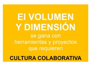 !
!
El VOLUMEN
Y DIMENSIÓN
se gana con
herramientas y proyectos
que requieren
!
CULTURA COLABORATIVA
 
