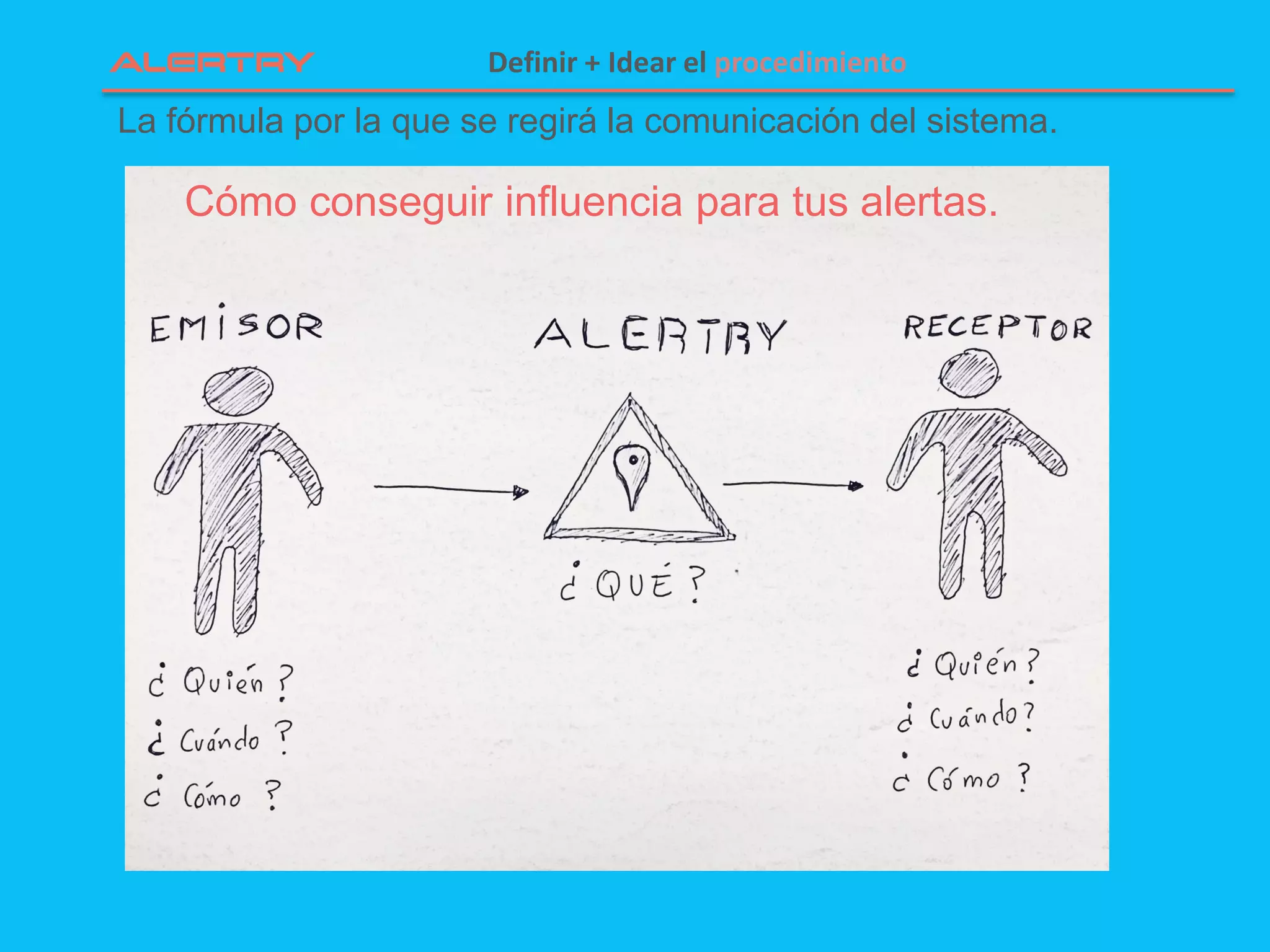 La fórmula por la que se regirá la comunicación del sistema.
Definir + Idear el procedimiento
Cómo conseguir influencia para tus alertas.
 