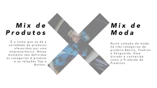 M i x d e
P r o d u t o s
M i x d e
M o d a
É o n o m e q u e s e d á a
v a r i e d a d e d e p r o d u t o s
o f e r e c i d o s p o r u m a
e m p r e s a / m a r c a . N e s s e
m o m e n t o s ã o d e f i n i d a s
a s c a t e g o r i a s d p r o d u t o
e a s r e l a ç õ e s To p e
B o t t o n .
N u m a c o l e ç ã o d e m o d a
h á t r ê s c a t e g o r i a s d e
p r o d u t o : B á s i c o , F a s h i o n
e V a n g u a r d a . E s s a
d i v i s ã o é c o n h e c i d a
c o m o a P i r â m i d e d e
P r o d u t o s
 