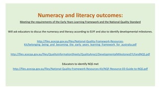 Numeracy and literacy outcomes:
Meeting the requirements of the Early Years Learning Framework and the National Quality Standard
Will ask educators to discus the numeracy and literacy according to ELYF and also to identify developmental milestones.
http://files.acecqa.gov.au/files/National-Quality-Framework-Resources-
Kit/belonging_being_and_becoming_the_early_years_learning_framework_for_australia.pdf
http://files.acecqa.gov.au/files/QualityInformationSheets/QualityArea1/DevelopmentalMilestonesEYLFandNQS.pdf
Educators to identify NQS met
http://files.acecqa.gov.au/files/National-Quality-Framework-Resources-Kit/NQF-Resource-03-Guide-to-NQS.pdf
 
