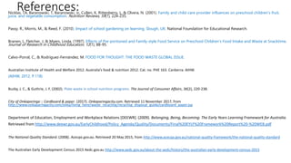 References:Nicklas, TA, Baranowski, T, Baranowski, Jc, Cullen, K, Rittenberry, L, & Olvera, N. (2001). Family and child-care provider influences on preschool children's fruit,
juice, and vegetable consumption. Nutrition Reviews, 59(7), 224-235.
Passy, R., Morris, M., & Reed, F. (2010). Impact of school gardening on learning. Slough, UK: National Foundation for Educational Research.
Branen, L, Fletcher, J, & Myers, Linda. (1997). Effects of Pre-portioned and Family-style Food Service on Preschool Children's Food Intake and Waste at Snacktime.
Journal of Research in Childhood Education, 12(1), 88-95.
Calvo-Porral, C., & Rodríguez-Fernández, M. FOOD FOR THOUGHT: THE FOOD WASTE GLOBAL ISSUE.
Australian Institute of Health and Welfare 2012. Australia’s food & nutrition 2012. Cat. no. PHE 163. Canberra: AIHW.
(AIHW, 2012, P.118)
Buzby, J. C., & Guthrie, J. F. (2002). Plate waste in school nutrition programs. The Journal of Consumer Affairs, 36(2), 220-238.
City of Onkaparinga :: Cardboard & paper. (2017). Onkaparingacity.com. Retrieved 11 November 2017, from
http://www.onkaparingacity.com/onka/living_here/waste_recycling/recycling_disposal_guide/cardboard_paper.jsp
Department of Education, Employment and Workplace Relations [DEEWR]. (2009). Belonging, Being, Becoming: The Early Years Learning Framework for Australia.
Retrieved from http://www.deewr.gov.au/EarlyChildhood/Policy_Agenda/Quality/Documents/Final%20EYLF%20Framework%20Report%20-%20WEB.pdf
The National Quality Standard. (2008). Acecqa.gov.au. Retrieved 20 May 2015, from http://www.acecqa.gov.au/national-quality-framework/the-national-quality-standard
The Australian Early Development Census 2015 Aedc.gov.au http://www.aedc.gov.au/about-the-aedc/history/the-australian-early-development-census-2015
 