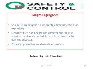 Peligros Agregados
• Son aquellos peligros no inherentes directamente a los
explosivos.
• Sino más bien son peligros de carácter natural que
aportan un nivel de probabilidad a la ocurrencia de
eventos adversos.
• Por estar presentes en el uso de explosivos.
Ing. Julio Robles Cano 20
Profesor: Ing. Julio Robles Cano
 
