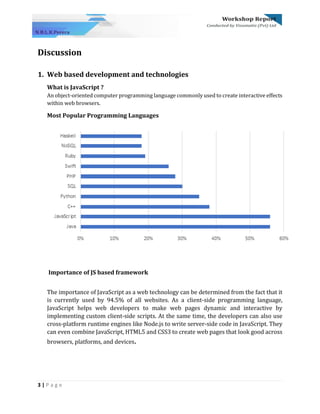 3 | P a g e
Discussion
1. Web based development and technologies
What is JavaScript ?
An object-oriented computer programming language commonly used to create interactive effects
within web browsers.
Most Popular Programming Languages
Importance of JS based framework
The importance of JavaScript as a web technology can be determined from the fact that it
is currently used by 94.5% of all websites. As a client-side programming language,
JavaScript helps web developers to make web pages dynamic and interactive by
implementing custom client-side scripts. At the same time, the developers can also use
cross-platform runtime engines like Node.js to write server-side code in JavaScript. They
can even combine JavaScript, HTML5 and CSS3 to create web pages that look good across
browsers, platforms, and devices.
 