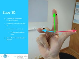 Eixos 3D
● A unidade de distância em
A-Frame é o metro
● O utilizador tem os pés em (0, 0,
0)
● A cabeça está em (0, 1.6, 0)
○ 1.6 metros é uma altura
média
● Está a olhar no sentido negativo
do eixo Z
14
X
Y
Z
 