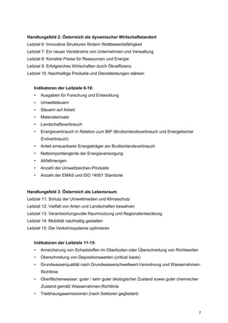 7
Handlungsfeld 2: Österreich als dynamischer Wirtschaftstandort
Leitziel 6: Innovative Strukturen fördern Wettbewerbsfähigkeit
Leitziel 7: Ein neues Verständnis von Unternehmen und Verwaltung
Leitziel 8: Korrekte Preise für Ressourcen und Energie
Leitziel 9: Erfolgreiches Wirtschaften durch Ökoeffizienz
Leitziel 10: Nachhaltige Produkte und Dienstleistungen stärken
Indikatoren der Leitziele 6-10:
• Ausgaben für Forschung und Entwicklung
• Umweltsteuern
• Steuern auf Arbeit
• Materialeinsatz
• Landschaftsverbrauch
• Energieverbrauch in Relation zum BIP (Bruttoinlandsverbrauch und Energetischer
Endverbrauch)
• Anteil erneuerbarer Energieträger am Bruttoinlandsverbrauch
• Nettoimporttangente der Energieversorgung
• Abfallmengen
• Anzahl der Umweltzeichen-Produkte
• Anzahl der EMAS und ISO 14001 Standorte
Handlungsfeld 3: Österreich als Lebensraum
Leitziel 11: Schutz der Umweltmedien und Klimaschutz
Leitziel 12: Vielfalt von Arten und Landschaften bewahren
Leitziel 13: Verantwortungsvolle Raumnutzung und Regionalentwicklung
Leitziel 14: Mobilität nachhaltig gestalten
Leitziel 15: Die Verkehrssysteme optimieren
Indikatoren der Leitziele 11-15:
• Anreicherung von Schadstoffen im Oberboden oder Überschreitung von Richtwerten
• Überschreitung von Depositionswerten (critical loads)
• Grundwasserqualität nach Grundwasserschwellwert-Verordnung und Wasserrahmen-
Richtlinie
• Oberflächenwasser: guter / sehr guter ökologischer Zustand sowie guter chemischer
Zustand gemäß Wasserrahmen-Richtlinie
• Treibhausgasemissionen (nach Sektoren gegliedert)
 