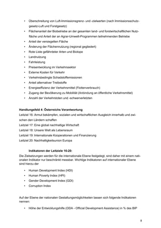 8
• Überschreitung von Luft-Immissionsgrenz- und -zielwerten (nach Immissionsschutz-
gesetz-Luft und Forstgesetz)
• Flächenanteil der Biobetriebe an der gesamten land- und forstwirtschaftlichen Nutz-
fläche und Anteil der an Agrar-Umwelt-Programmen teilnehmenden Betriebe
• Anteil der versiegelten Fläche
• Änderung der Flächennutzung (regional gegliedert)
• Rote Liste gefährdeter Arten und Biotope
• Landnutzung
• Fahrleistung
• Preisentwicklung im Verkehrssektor
• Externe Kosten für Verkehr
• Verkehrsbedingte Schadstoffemissionen
• Anteil alternativer Treibstoffe
• Energieeffizienz der Verkehrsmittel (Flottenverbrauch)
• Zugang der Bevölkerung zu Mobilität (Anbindung an öffentliche Verkehrsmittel)
• Anzahl der Verkehrstoten und -schwerverletzten
Handlungsfeld 4: Österreichs Verantwortung
Leitziel 16: Armut bekämpfen, sozialen und wirtschaftlichen Ausgleich innerhalb und zwi-
schen den Ländern schaffen
Leitziel 17: Eine global nachhaltige Wirtschaft
Leitziel 18: Unsere Welt als Lebensraum
Leitziel 19: Internationale Kooperationen und Finanzierung
Leitziel 20: Nachhaltigkeitsunion Europa
Indikatoren der Leitziele 16-20:
Die Zielsetzungen werden für die internationale Ebene festgelegt, sind daher mit einem nati-
onalen Indikator nur beschränkt messbar. Wichtige Indikatoren auf internationaler Ebene
sind hierzu der
• Human Development Index (HDI)
• Human Poverty Index (HPI)
• Gender Development Index (GDI)
• Corruption Index
Auf der Ebene der nationalen Gestaltungsmöglichkeiten lassen sich folgende Indikatoren
nennen:
• Höhe der Entwicklungshilfe (ODA - Official Development Assistance) in % des BIP
 