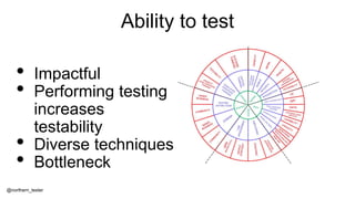 @northern_tester
Ability to test
• Impactful
• Performing testing
increases
testability
• Diverse techniques
• Bottleneck
 
