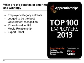 What are the benefits of entering
and winning?
–
–
–
–
–
–

11

Employer category entrants
Judged to be the best
Government recognition
Promotional toolkit
Media Relationship
Expert Panel

 