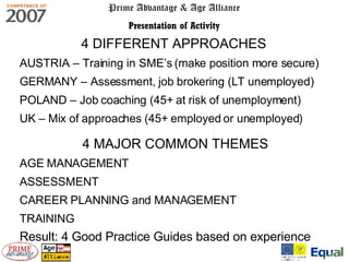 Prime Advantage & Age Alliance Presentation of Activity 4 DIFFERENT APPROACHES   AUSTRIA – Training in SME’s (make position more secure) GERMANY – Assessment, job brokering (LT unemployed) POLAND – Job coaching (45+ at risk of unemployment) UK – Mix of approaches (45+ employed or unemployed)  4 MAJOR COMMON THEMES AGE MANAGEMENT ASSESSMENT CAREER PLANNING and MANAGEMENT TRAINING Result: 4 Good Practice Guides based on experience 