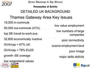 Prime Advantage & Age Alliance Presentation of Activity DETAILED UK BACKGROUND 19,000 in-commute 50,000 out-commute (41%) top SE travel-to-work ave. 32,800 economically inactive GVA/cap = 67% UK  GVA/cap = 78% EU25  growth  ‹SE average low wages/land values low value employment low numbers of large companies poor connectivity scarce employment land poor image major skills deficits Thames Gateway Area Key Issues 