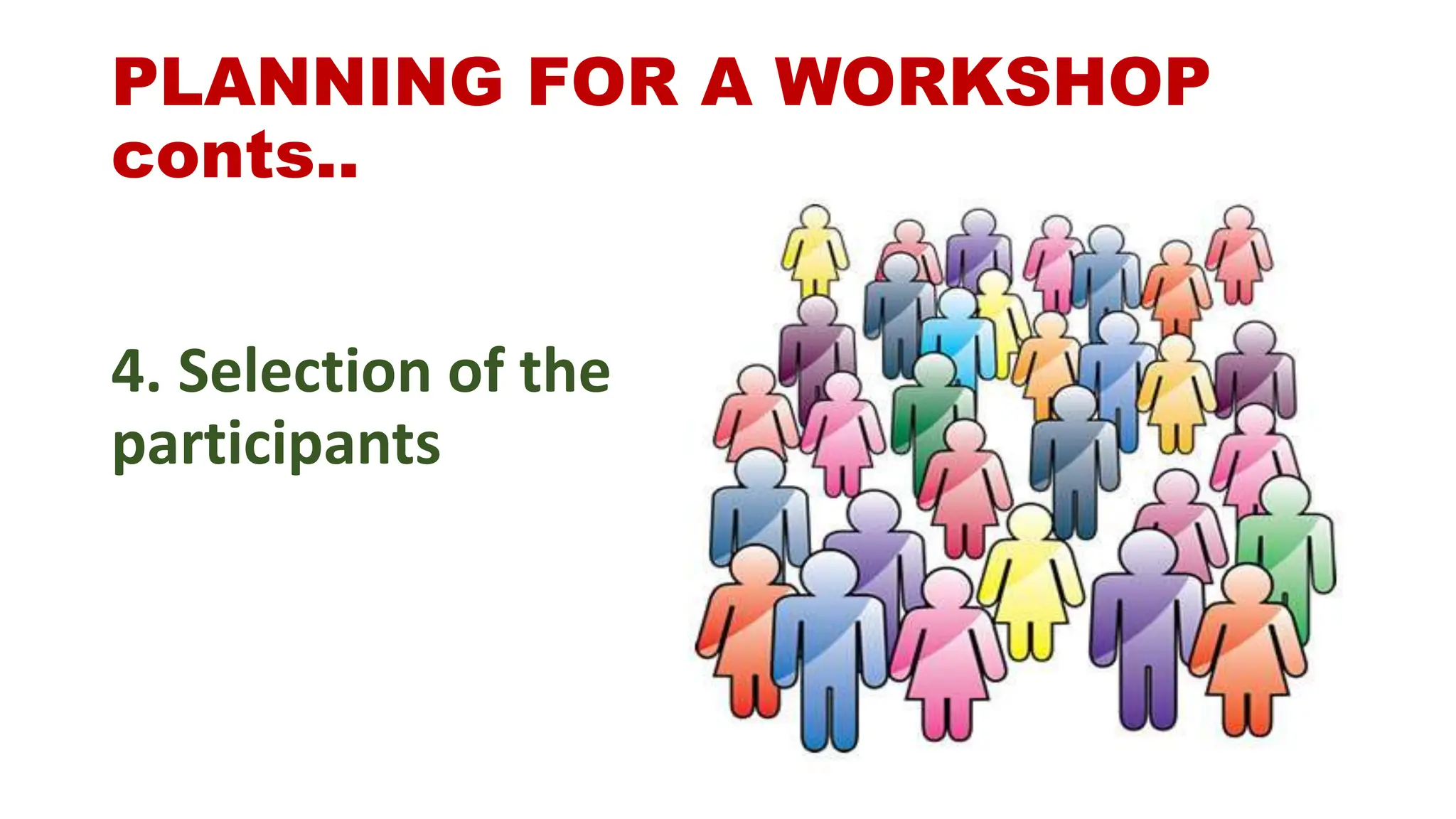 PLANNING FOR A WORKSHOP
conts..
4. Selection of the
participants
 