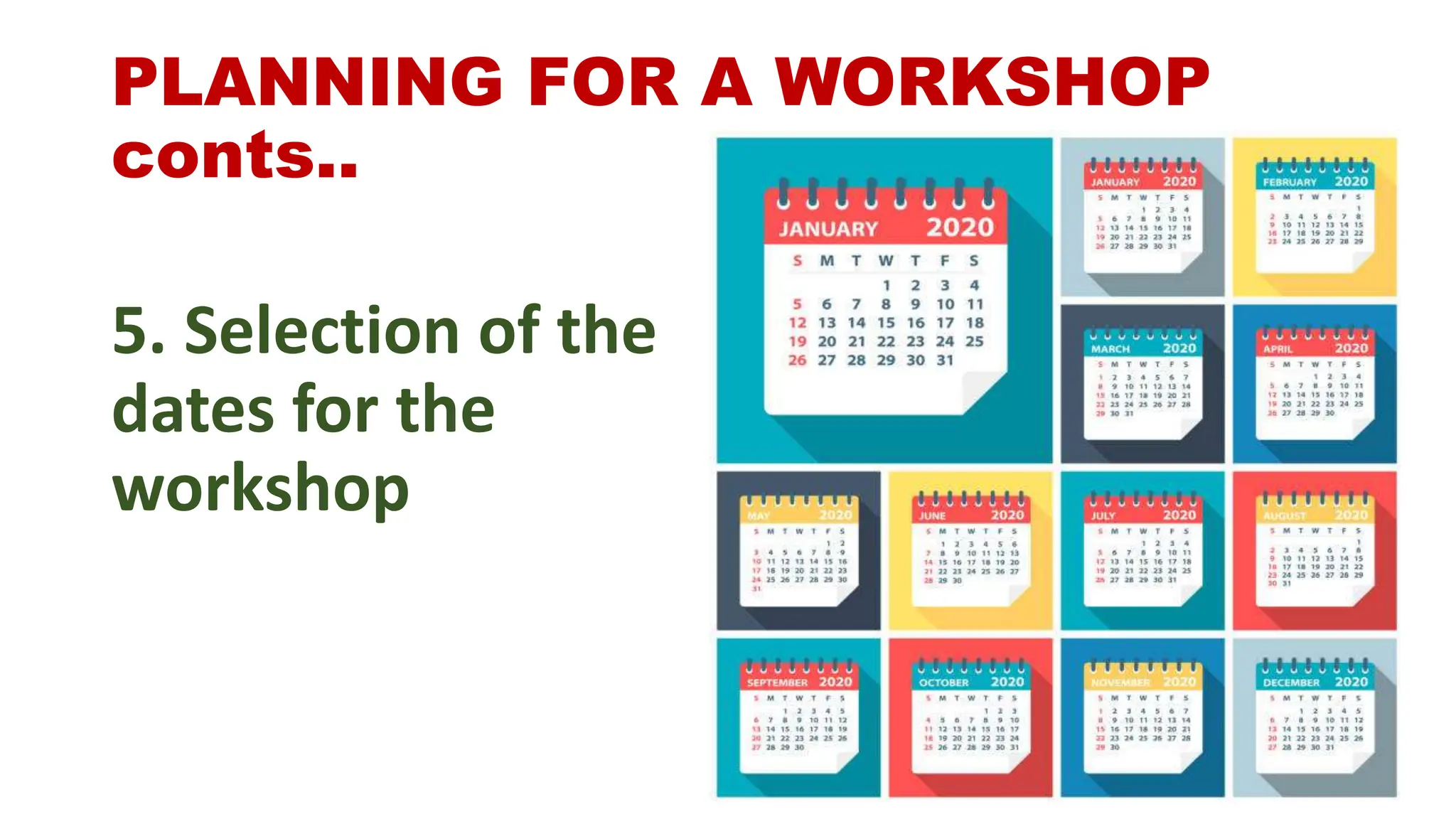 PLANNING FOR A WORKSHOP
conts..
5. Selection of the
dates for the
workshop
 