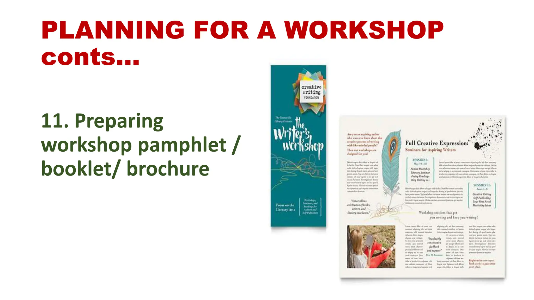PLANNING FOR A WORKSHOP
conts…
11. Preparing
workshop pamphlet /
booklet/ brochure
 