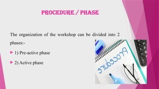 PROCEDURE / phase
The organization of the workshop can be divided into 2
phases:-
 1) Pre-active phase
 2) Active phase
 