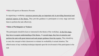 Role of Experts or Resource Persons
In organizing a workshop, resources persons play an important role in providing theoretical and
practical aspects of the theme. They provide guidance to participants at every stage and train
them to perform the task effectively.
Roles of Participants or Trainees
The participants should be keen or interested in the theme of the workshop. At the first stage,
they have to acquire understanding of the theme. At second stage, they have to practice and
perform the task with great interest and seek proper guidance from the experts. They should try
to carry the concept to their classroom to evaluate its workability in actual situation. The
effectiveness of any workshop technique depends upon the involvement of the participants in the
task
 