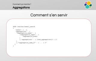 Comment ça marche ?
Aggregations
Comment s’en servir
POST /twitter/tweet/_search
{
"query": [...],
"aggregations" : {
"<aggregation_name>" : {
"<aggregation_type>" : {
<aggregation_body>
}
[,"aggregations" : { [<sub_aggregation>]+ } ]?
}
[,"<aggregation_name_2>" : { ... } ]*
}
}
 