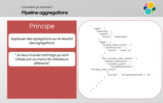Comment ça marche ?
Pipeline aggregations
Principe
Appliquer des agrégations sur le résultat
des agrégations
“Je veux tous les hashtags qui sont
utilisés par au moins 50 utilisateurs
différents”
{
"aggs": {
"hashtag": {
"terms": {
"field": "hashtags"
},
"aggs": {
"unique_user_count": {
"cardinality": {
"field": "user.id"
}
},
"min_unique_user_count": {
"bucket_selector": {
"buckets_path": {
"uniqueUserCount":
"unique_user_count"
},
"script": "uniqueUserCount > 50"
}
}
}
}
}
}
 