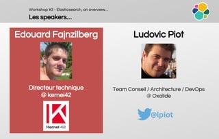 Workshop #3 - Elasticsearch, an overview…
Les speakers…
Edouard Fajnzilberg
Directeur technique
@ kernel42
Ludovic Piot
Team Conseil / Architecture / DevOps
@ Oxalide
@lpiot
 