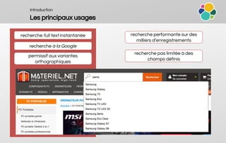 Introduction
Les principaux usages
recherche full text instantanée
recherche à la Google
permissif aux variantes
orthographiques
recherche performante sur des
milliers d’enregistrements
recherche pas limitée à des
champs définis
 