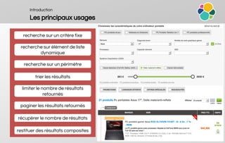 Introduction
Les principaux usages
recherche sur un critère fixe
recherche sur élément de liste
dynamique
recherche sur un périmètre
trier les résultats
limiter le nombre de résultats
retournés
paginer les résultats retournés
récupérer le nombre de résultats
restituer des résultats composites
 