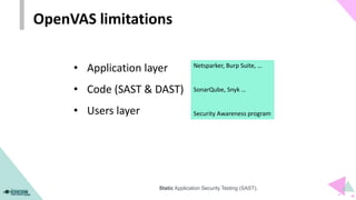 • Application layer
• Code (SAST & DAST)
• Users layer
OpenVAS limitations
Netsparker, Burp Suite, …
SonarQube, Snyk …
Security Awareness program
Static Application Security Testing (SAST).
 