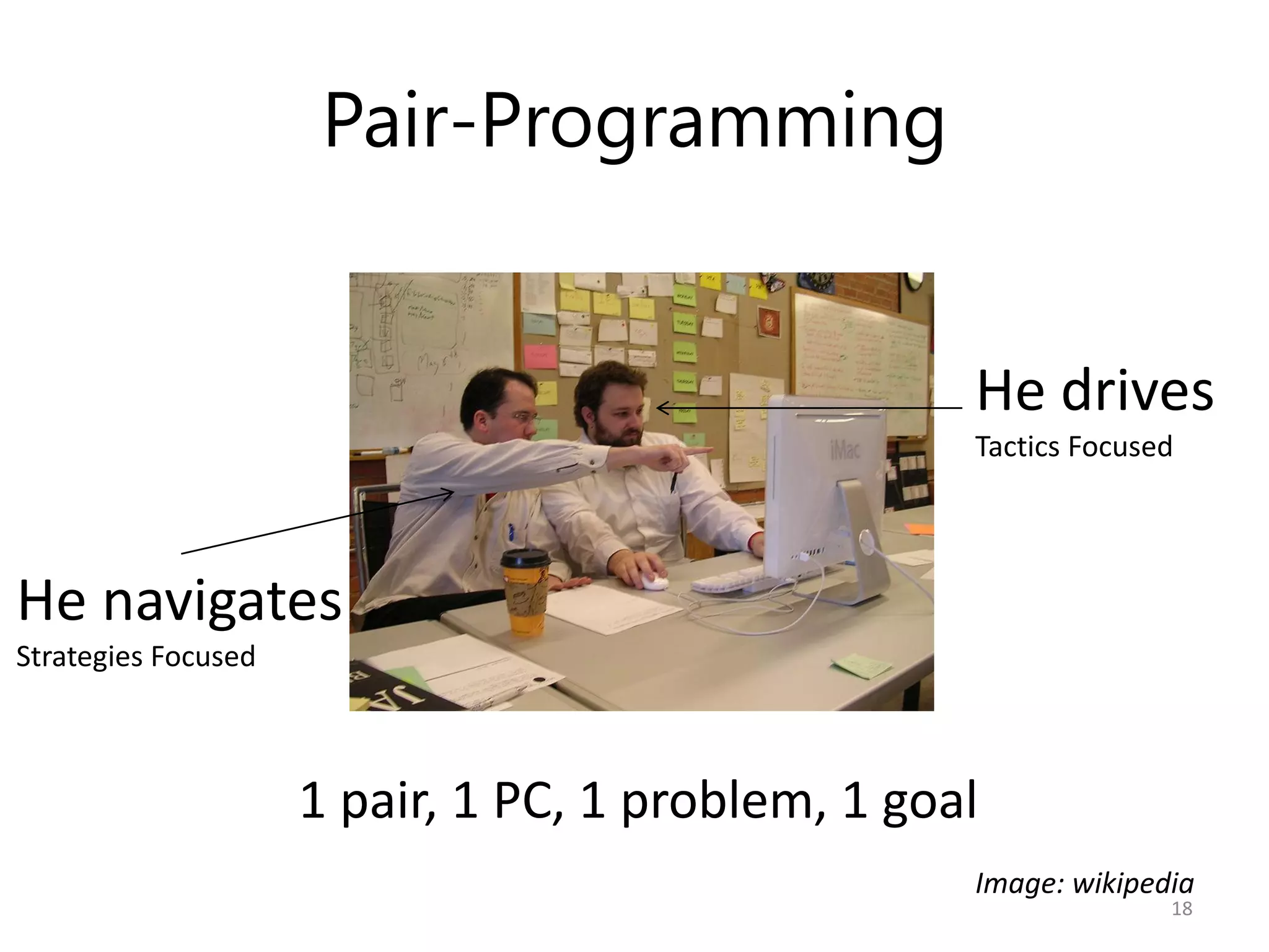 Pair-Programming


                                                   He drives
                                                   Tactics Focused




He navigates
Strategies Focused



                     1 pair, 1 PC, 1 problem, 1 goal
                                                   Image: wikipedia
                                                                 18
 