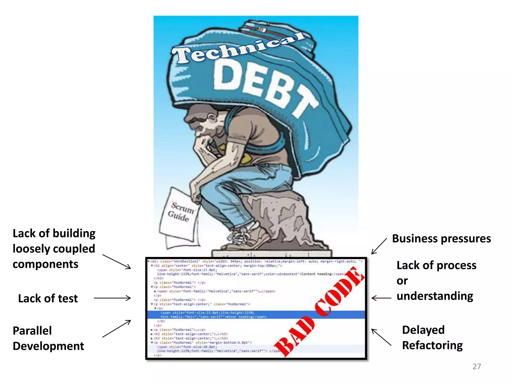 Technical Debt




Lack of building                    Business pressures
loosely coupled
components                          Lack of process
                                    or
 Lack of test                       understanding

Parallel                             Delayed
Development                          Refactoring
                                                   27
 