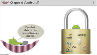 O que é Android?




                                       1ª padrão
                                      aberto para
                                     desenvolvimento
                                         móvel.




domingo, 2 de dezembro de 12
 