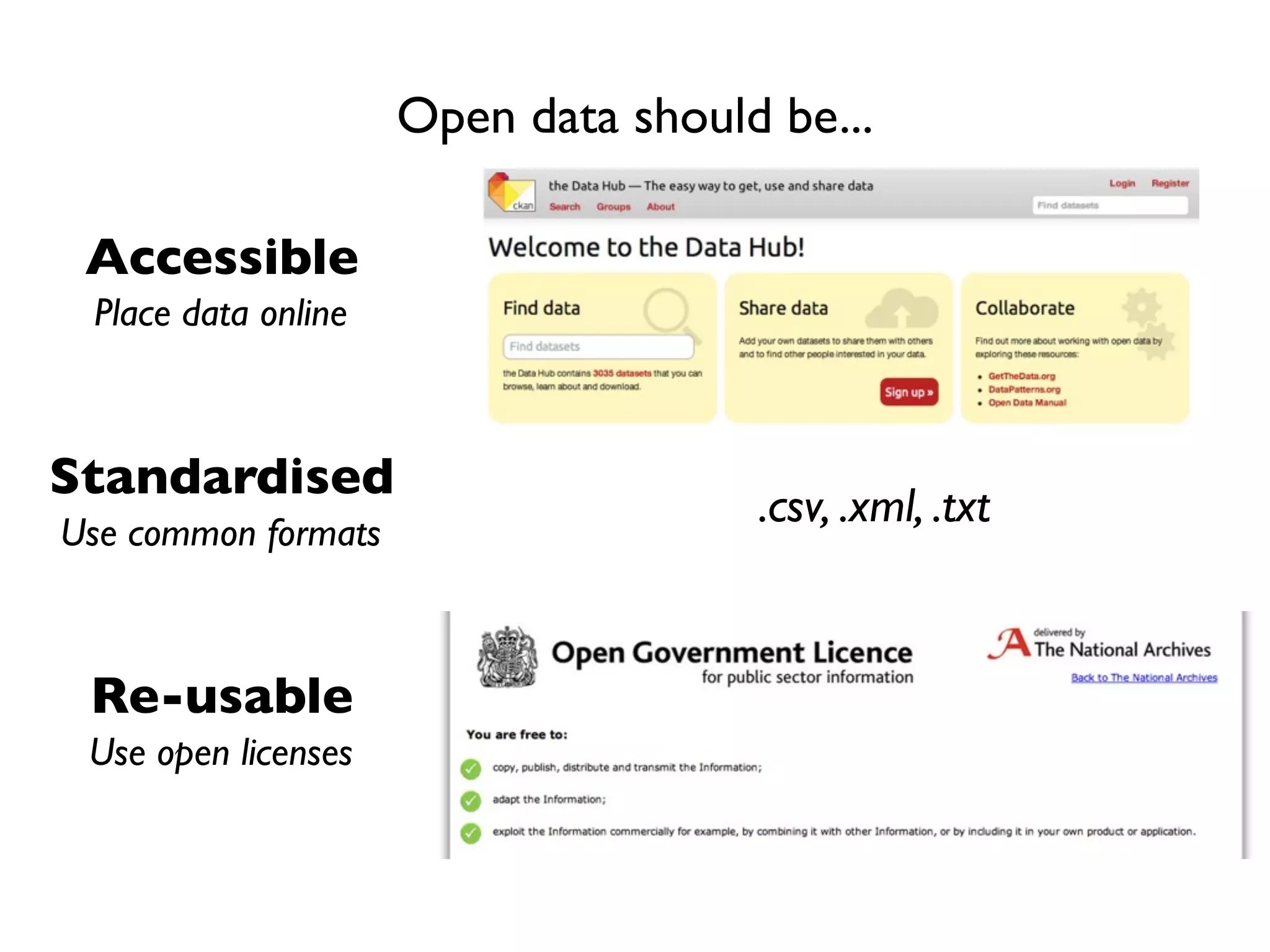 Accessible
Standardised
Re-usable
Place data online
Use common formats
Use open licenses
.csv, .xml, .txt
Open data should be...