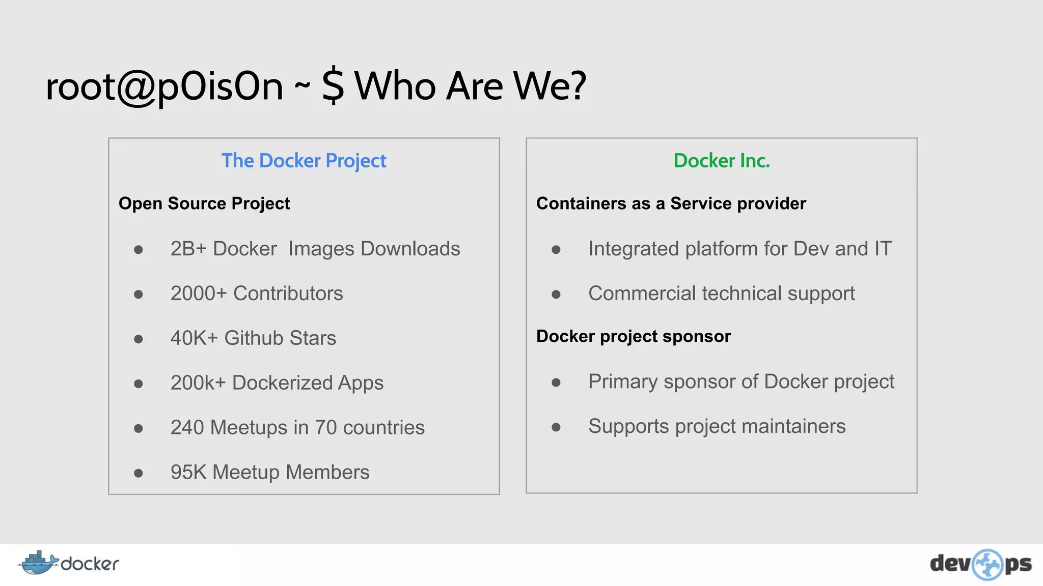 root@p0is0n ~ $ Who Are We?
The Docker Project
Open Source Project
● 2B+ Docker Images Downloads
● 2000+ Contributors
● 40K+ Github Stars
● 200k+ Dockerized Apps
● 240 Meetups in 70 countries
● 95K Meetup Members
Docker Inc.
Containers as a Service provider
● Integrated platform for Dev and IT
● Commercial technical support
Docker project sponsor
● Primary sponsor of Docker project
● Supports project maintainers
 