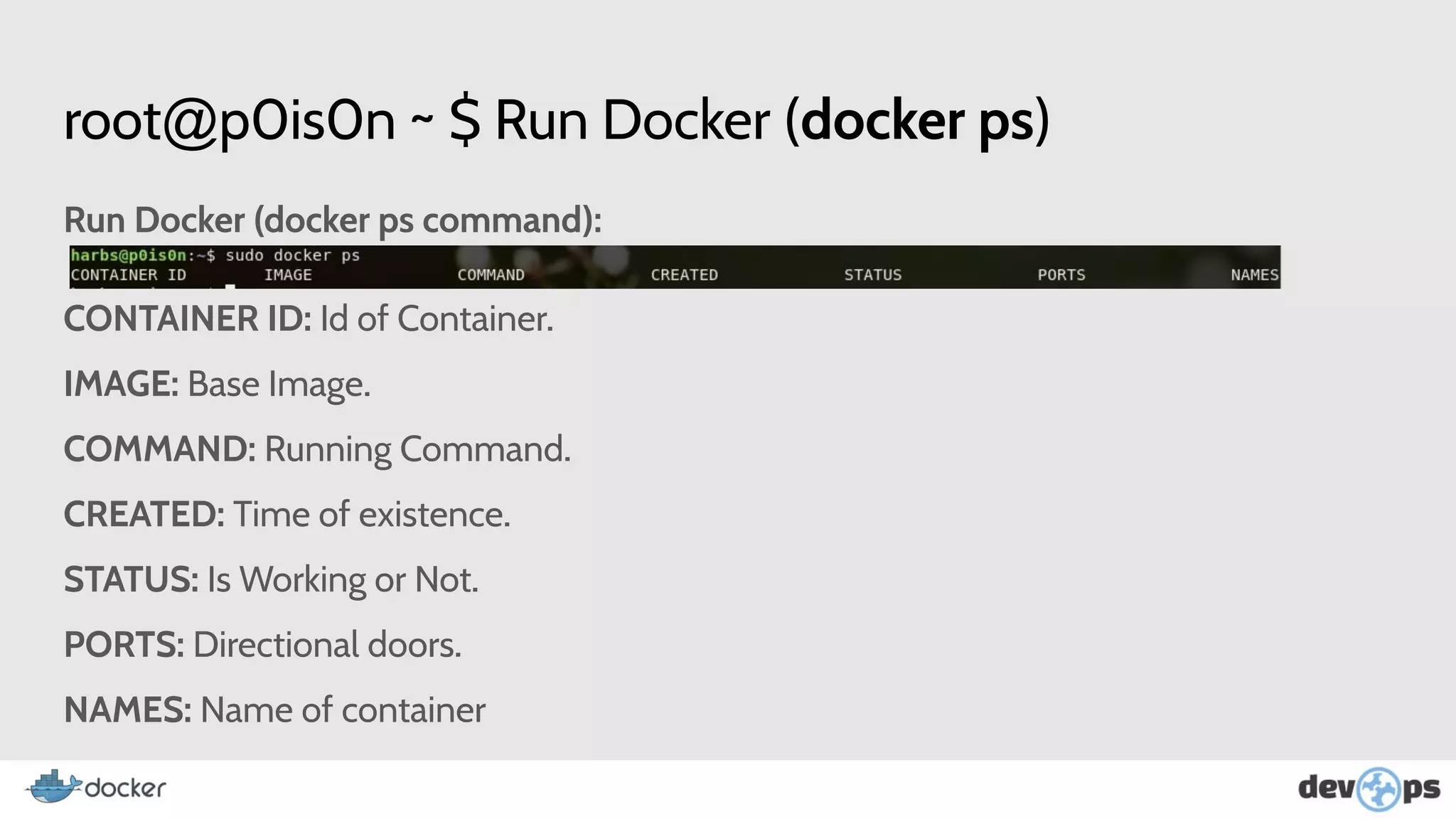 root@p0is0n ~ $ Run Docker (docker ps)
Run Docker (docker ps command):
CONTAINER ID: Id of Container.
IMAGE: Base Image.
COMMAND: Running Command.
CREATED: Time of existence.
STATUS: Is Working or Not.
PORTS: Directional doors.
NAMES: Name of container
 