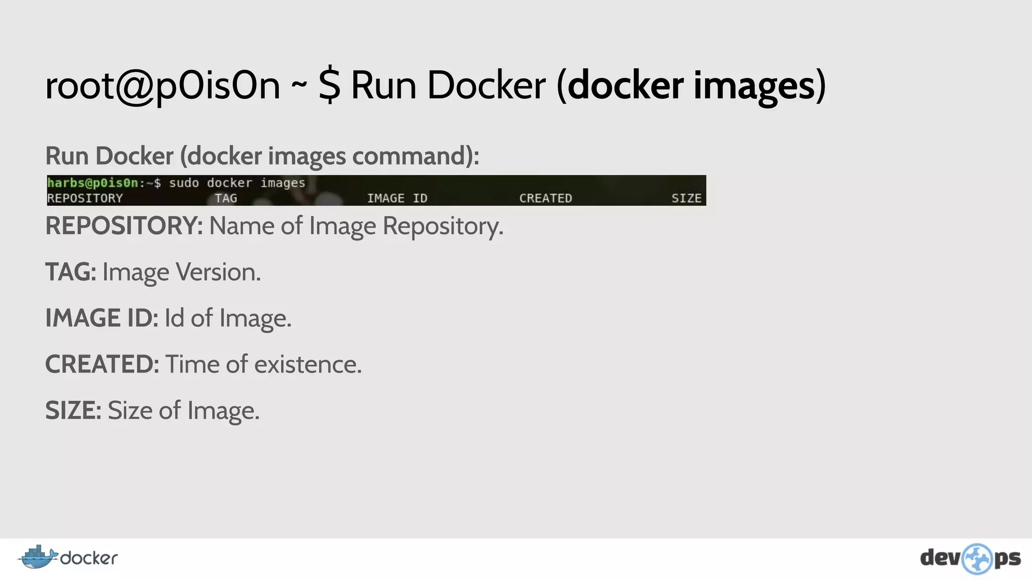 root@p0is0n ~ $ Run Docker (docker images)
Run Docker (docker images command):
REPOSITORY: Name of Image Repository.
TAG: Image Version.
IMAGE ID: Id of Image.
CREATED: Time of existence.
SIZE: Size of Image.
 