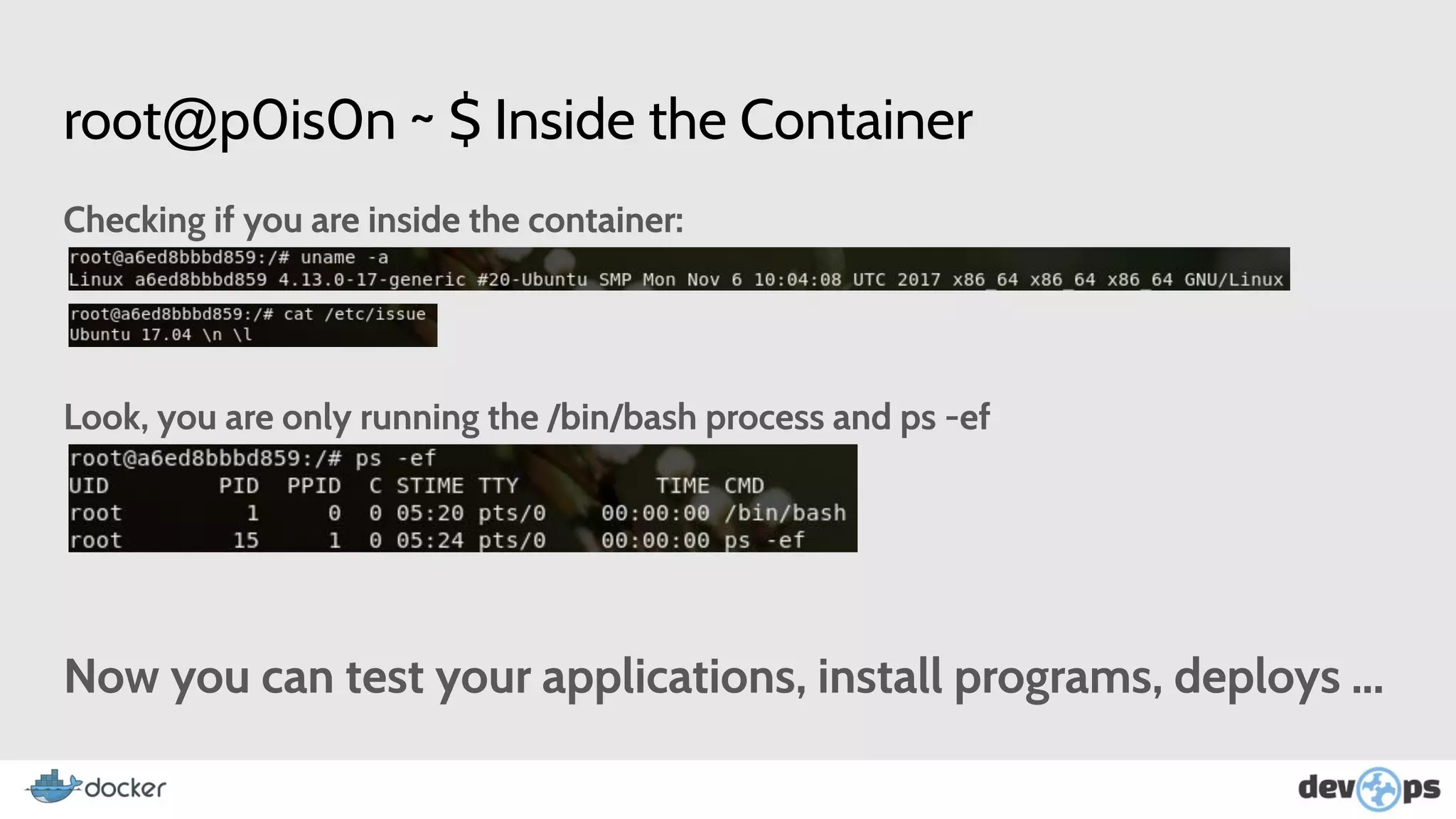 root@p0is0n ~ $ Inside the Container
Checking if you are inside the container:
Look, you are only running the /bin/bash process and ps -ef
Now you can test your applications, install programs, deploys ...
 